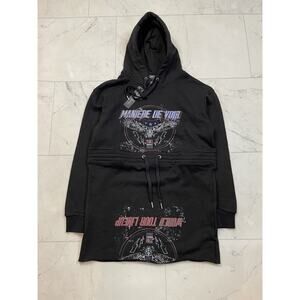 NWT Maniere De Voir Black Graphic Print Band Hoodie Sweatshirt Tunic | Sz 6